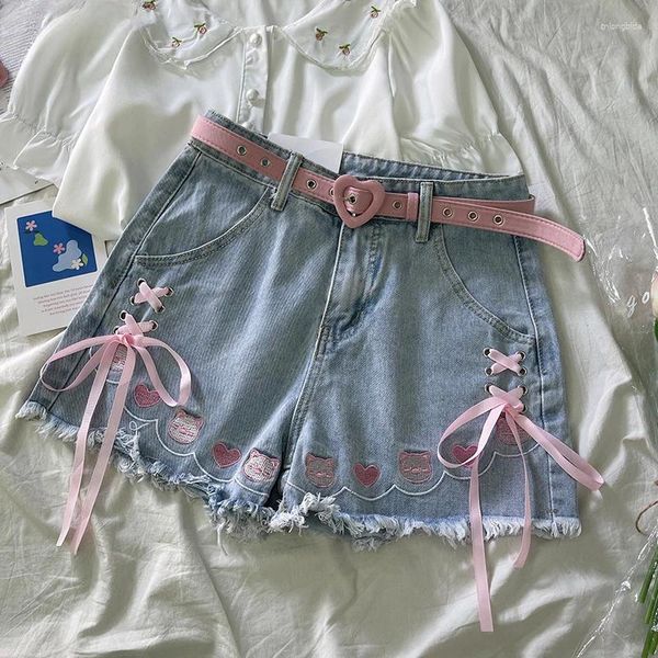 Frauenshorts japanische Chic Verband Lolita Denim Frauen süßer süßer Comic Piggy Sticke Bow Jeans Mädchen Kawaii y2k kurze Hosen Sommer