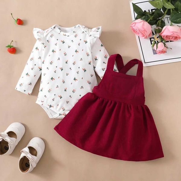 Kleidungssets 2pcs Neugeborene Baby Prinzessin Kleid Rüschen Langarm BodySuit+roter Gurtrock für 0-18 Monate