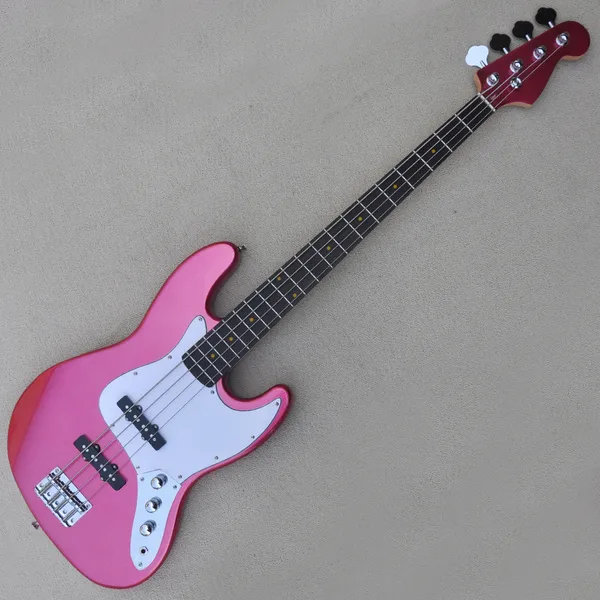 4 Saiten Metal Pink Electric Bass Gitarre mit 20 Braps Rosewood Feboard White Pickguard Anpassbar