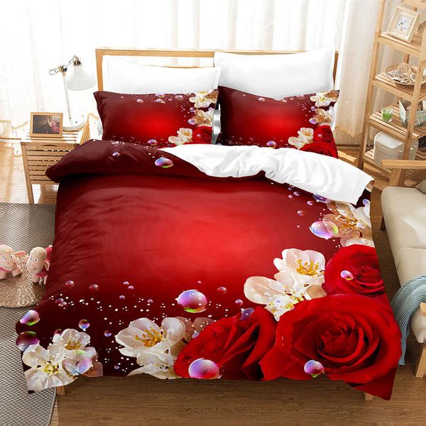 Bettwäsche-Sets Blumenrose Serie 3D Digitaldruck Bettzeug 3-teiliger Quilt-Set Q240520