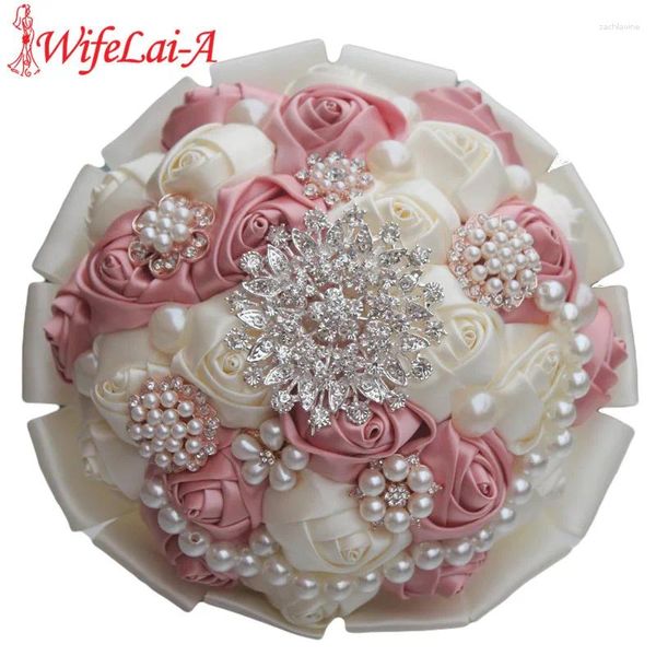 Hochzeitsblumen Nake Pink Elfenbein Seidenperlen Kristall Brautsträuße Diamant Halten künstlicher Stichbouquet Custom W2238