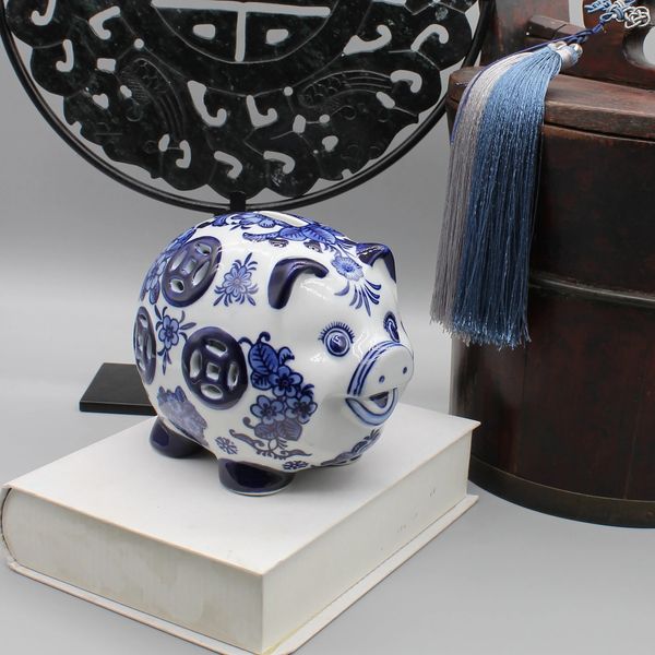 Ceramic Piggy Bank Pig Blue e White Ceraimcs Table Acessório Decoração Home 240516