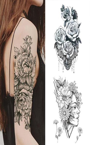 10 PC Fashion Women Girl temporärer Tattoo Aufkleber Schwarz Rosen Design Voller Blumenarmkörper Kunst großer großer gefälschter Tattoo Aufkleber265L9435965