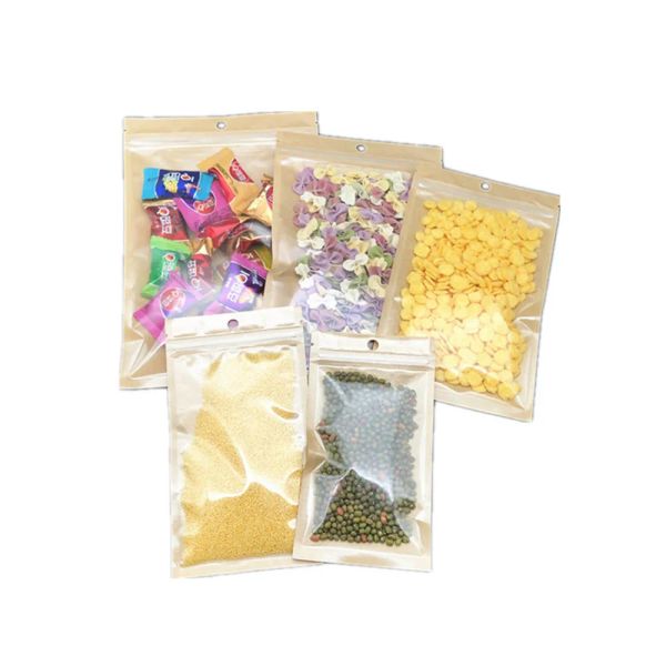 Großhandel 1000pcs Braun Kraftpapier klarer Kunststoff mit Hang Hole Reißverschluss Lock -Paket Beutel Hitze Verschluss recycelbarer Reißverschluss Cookies Lebensmittel Aufbewahrung Zz Zz