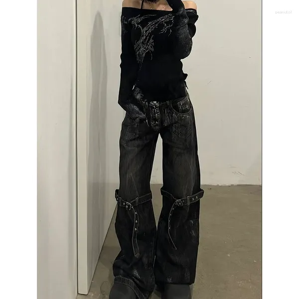 Jeans femininos Black High Ciist Hip Hop calça de rua direto Harajuku y2k estrela 2024 fêmea de jeans de perna larga