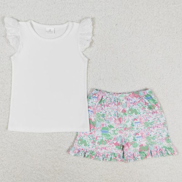 Kleidungssets Großhandel Kinder Mädchen weiß Flutter T -Shirt Hemd Ruffle Haus Gras Shorts Set Summer Baby Girl Clodh Boutique Outfit