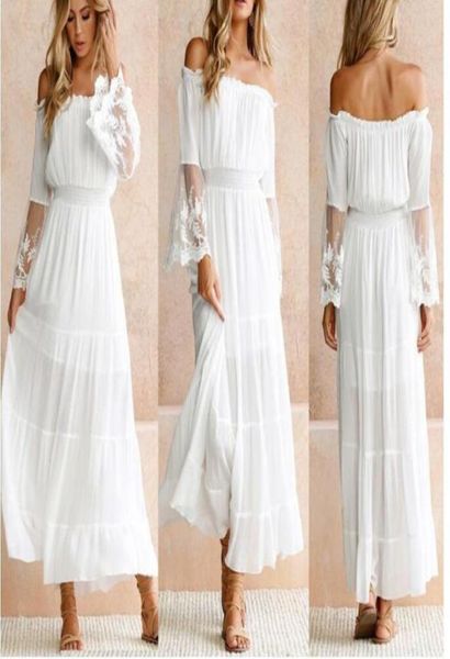 2020 Summer Drendress Women White Beach Dress White Sleeve Sleeve Long Shex Sexy Off Lace Boho Chiffon Maxi Dress98889091