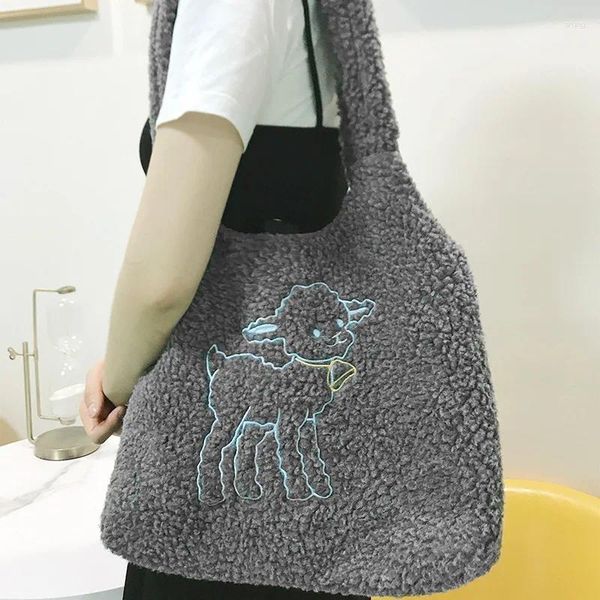 Bolsa simples com veludo de cordeiro de grande capacidade para aluno costurado à mão Animal bordado ombro de cabelo bordado