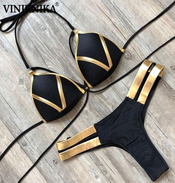 Black Bandage Swimsuit Sexy Brasilian Bikini Push Up Swimwear Moman Micro Bikinis Plus Size Tamanho Beachwear Shiny Gold Beachwear 2103187497018