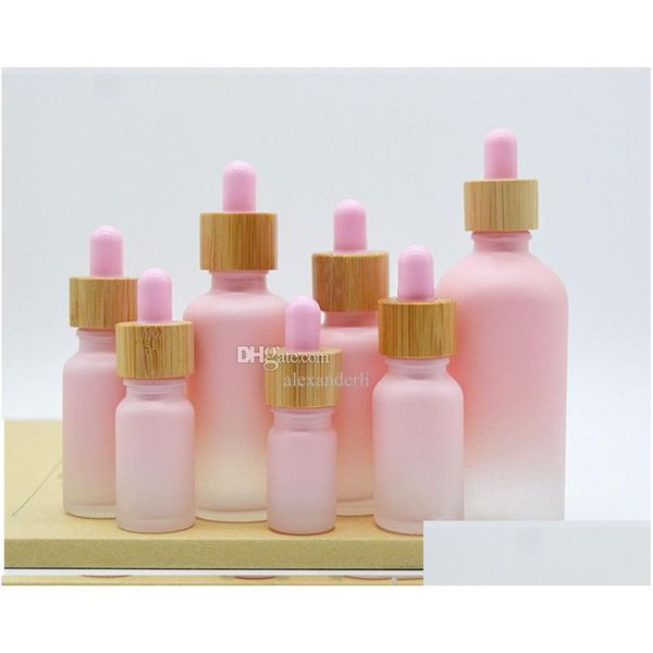 Bottiglie di imballaggio all'ingrosso glassata guscio pilota piupetta gocciolare colore rosa con tappo di bambù 1 oz olio essenziale 5 ml 10 ml 20 ml 30 ml dhyr0
