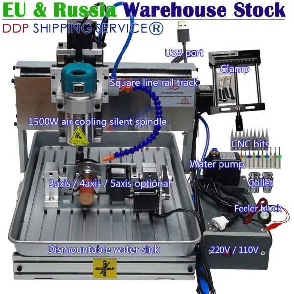 CNC Wood Router Air 1500W Eixo 3020-6040 Milling de metal 3-5 Eixo de alumínio Tanque de água de escultura em tanque de água PCB