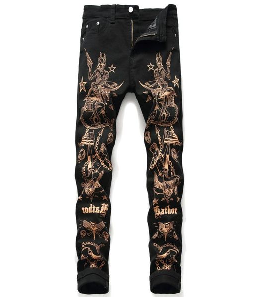 Mens Skinny Stamp Skinny Gold Black Jeans Designer Doodle Slim Fit Moto Biker Hip Hop Denim pantaloni streetwear 56498779093