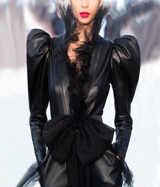 Omikron New Fashion Bunway Design 2019 Новая рюшатая кружевная сетчатая сетчатая сетчатая сетка лук Slim Pu Faux Leather Jacket for Women Luxury Jacket5503505