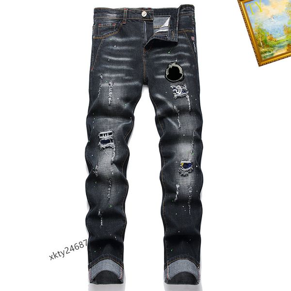 Мужские джинсы расстроенные разорванные тощие джинсы мужская стрельба из паттена -нога Slim мотоцикл мотоцикл мотоцикл -байкер