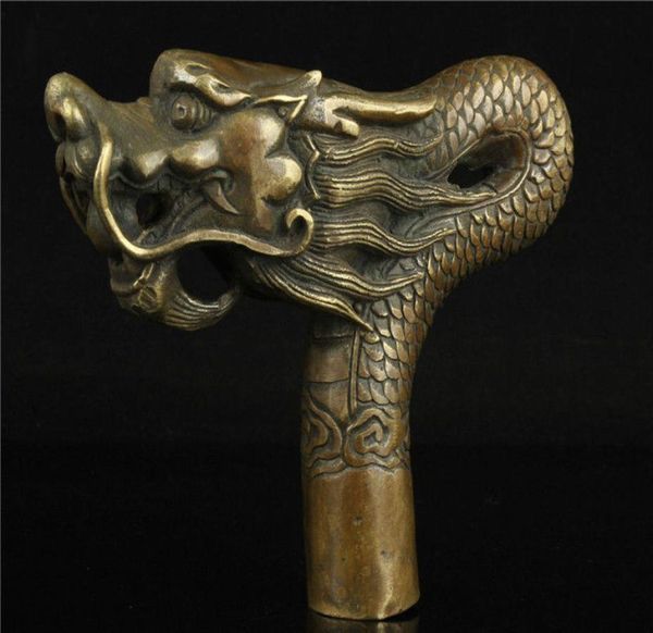 Dekoration Kupferhandwerk China Alte Handarbeit Bronze Dragon Statue Cane Head Walking Stick 1594793