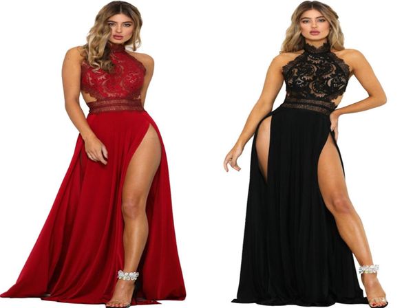 Vestidos de crochê maxi de crochê maxi ajustados e flare e sem costas para trás, vestidos divididos laterais para o chão, vestido sexy mulheres2848082