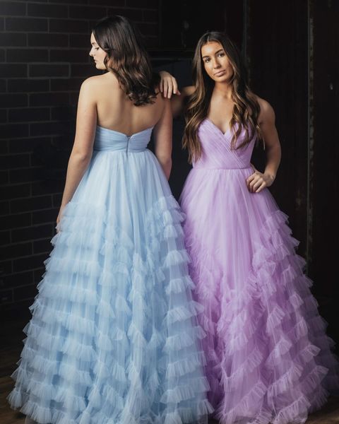 Soft Tulle Prom Kleid Hellrosa Ballkleid Lange Winter formelle Event Party Kleid Prinzessin Rotteppich Landebahn Oscar Gala Festzug Drama Gast Rüschenüberlagerung Rock Lilac