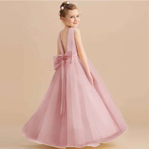 Teen Girls Sommer Prinzessin Kleid neue Modes Kinder Rückenless Perlen Kinder Geburtstagsfeier Vestido Blumenmädchen Hochzeit Ballkleid