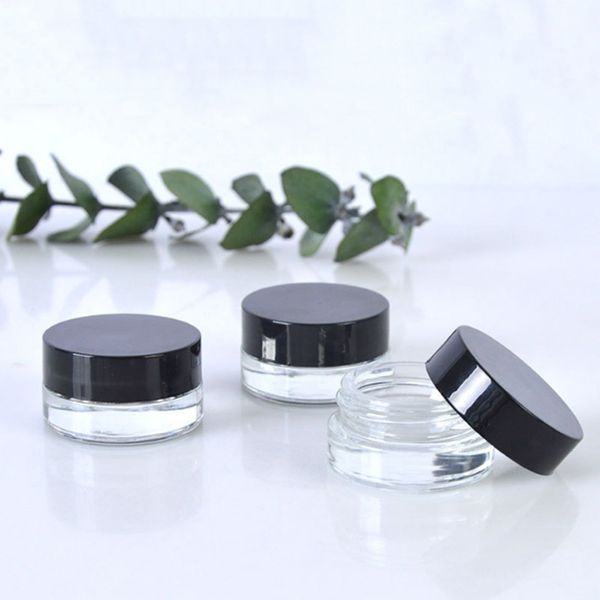 Großhandel Clear Eye Cream Jar Verpackung Flaschen 3G 5G leerer Glas Lippenbalsam Behälter breitem Mund Kosmetische Probengläser mit schwarzer Kappe Custome Logo