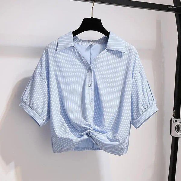 Женская половая рубашка полосатая рубашка с плиссированной с короткими рукавами с высокой талией в стиле 2024 Summer Women Blusas camisas