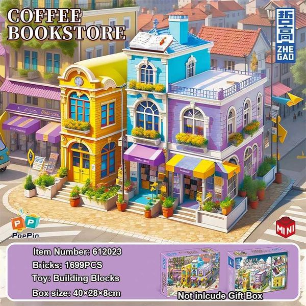 Bloco 1699 peças de livrarias de café criativas Bloco de construção de bloqueios urbanos de rua com brinquedos e presentes educacionais de arquitetura digital H240522