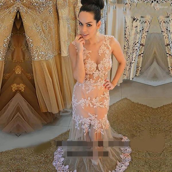 Платья для вечеринок сексуальные шампанские русалка длинная выпускная аппликация иллюзион