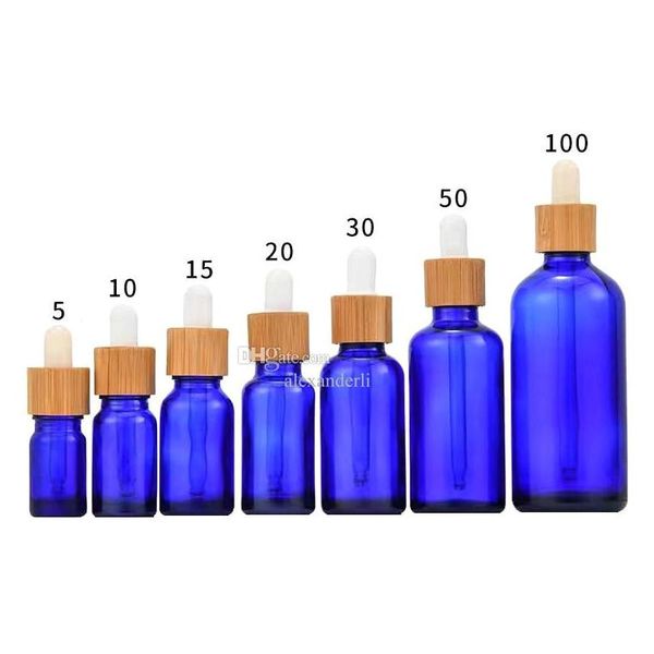 Garrafas de embalagem garrafa de gotas de gotas de vidro azul por atacado 5ml 10ml 15ml 30ml 50ml com tampa de tampa de bambu 1oz bambu Óleo essencial dr dheqq