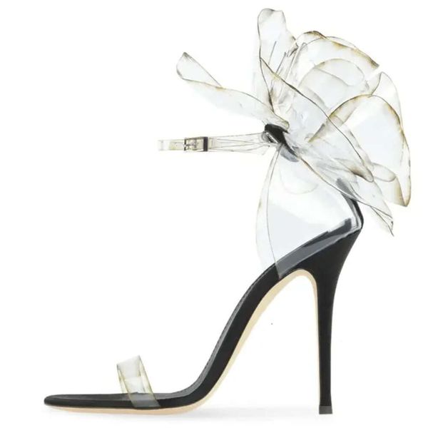 Signore 2024 Women PVC in pelle PVC 9,5 cm Sandali alti sandali estivi casual gladiatore sexy scarpe sexy trasparente fiore peep-toe a una linea buckl f04