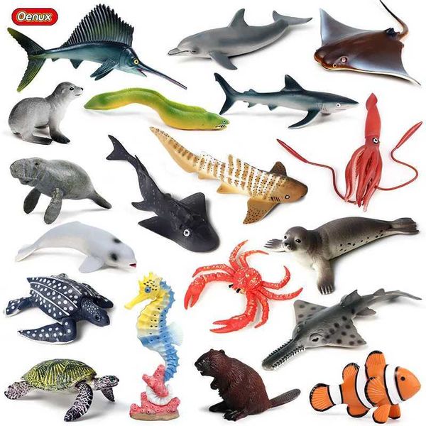 Neuheit Spiele Oenux Sea Life Animals Delphin Krabben Hai Turtle Model Actionfiguren Figuren Ozean Marine Aquarium Miniatur Bildung Spielzeug Y240521