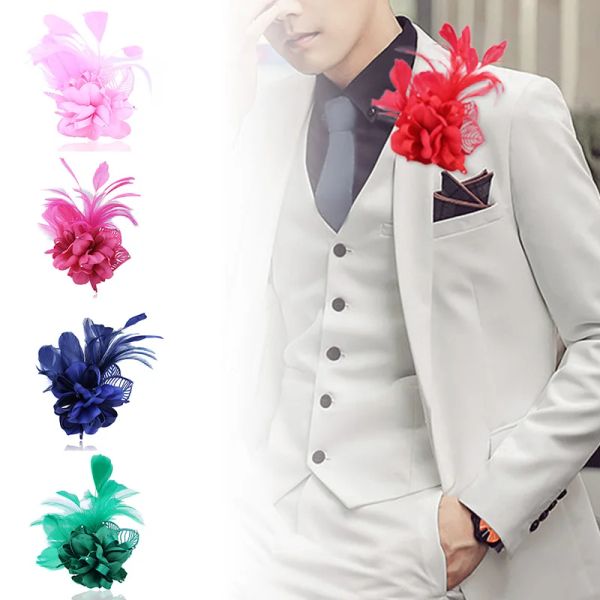 Тканевые перо цветочные броши булавки для женщин мужчина жених жених свадебная корсаж одежда декора
