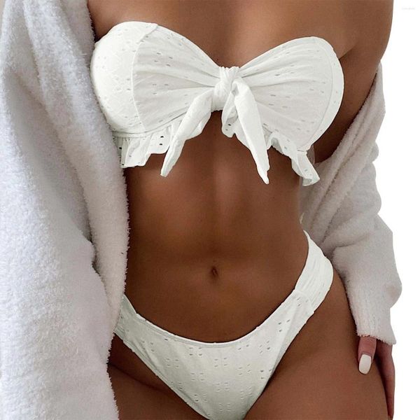 Frauen Badebekleidung Top Mesh Bikini Feste Farbe Split Badeanzug sexy Boho trägerlosen offenen Bra -Tanga Sets Weiß Brasilien Badeanzug