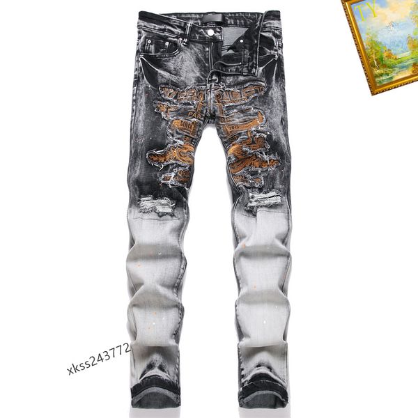 Мужские джинсы расстроенные разорванные тощие джинсы Мужские уволенные ноги Patten Slim Motor -Biker Caseal Menm Denim Pants Hip Hop Men C36