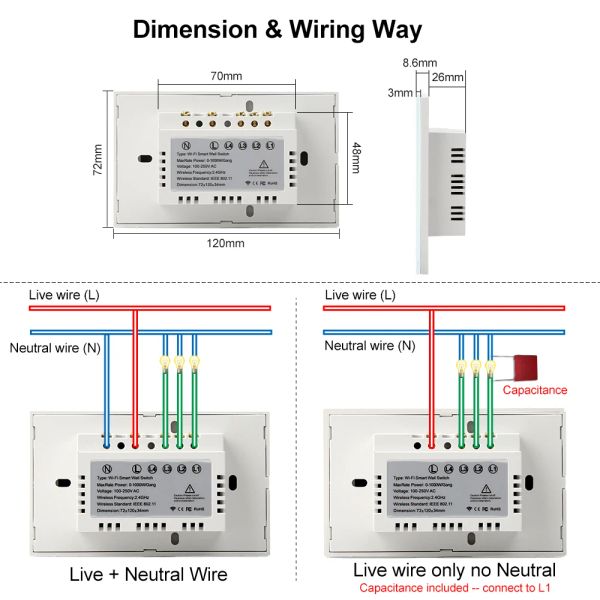 433 MHz WiFi Tuya Smart Remote Control Touch Light Switch RF For Lights Australia US BR IL Alexa 220V sem nulo 1 2 3 4 Gang