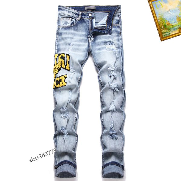 Мужские джинсы расстроенные разорванные тощие джинсы Мужские уволенные ноги Patten Slim Motor -Biker причинно -мужские джинсовые штаны хип -хоп мужчина C26