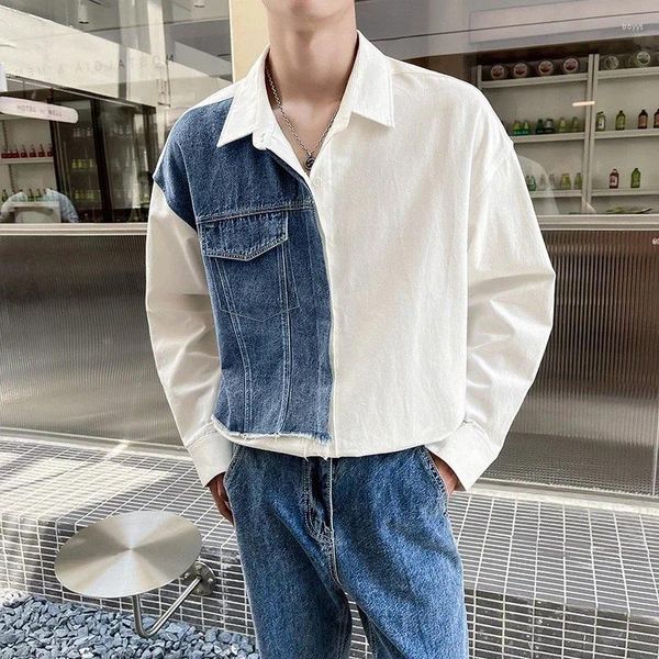 Мужские повседневные рубашки Осень модная универсальная джинсовая лоскутная рубашка с отворотом и длинными рукавами для вершины