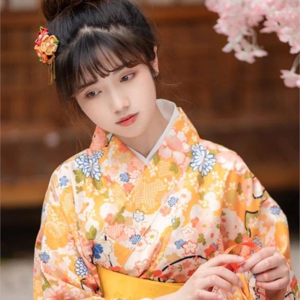 Roupas étnicas estilo japonês roupão de banho amarelo pequeno fã fofo girl quimono cereja flor sobre pography roupas