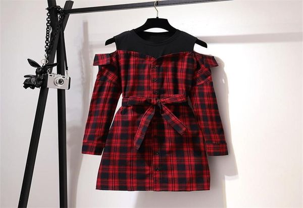 Koreanischer Stil süßes rotes Plaidhemd Sommerkleid Langarm mit Gürtel Mini Casual Offshoulder Frühling Fall Frauen 2105152139444