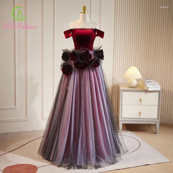 Vestidos de festa Ssyfashion Wine Velvet Red Velvet Dress Banquet Banquete Elegante Pescoço A-Line Flor Formal GOWNS PARA MULHERES VESTIDO FESTA