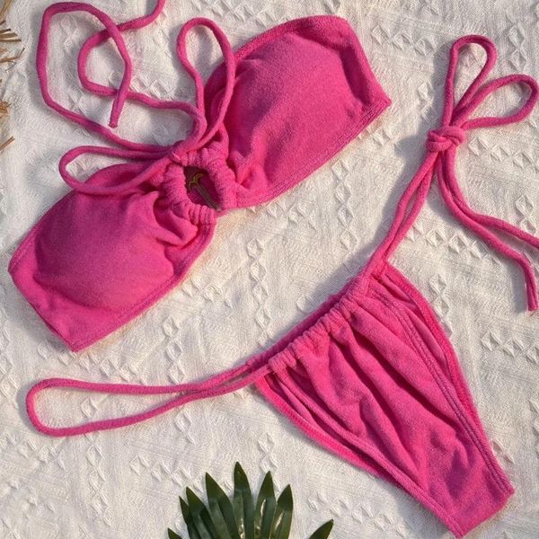 Frauen Badebekleidung rosa Handtuch Bikini Set Frauen Badeanzug Tanga Micro Sexy Bikinis 2024 Mädchen Pads String Badeanzug Solid Beachwear xl xl