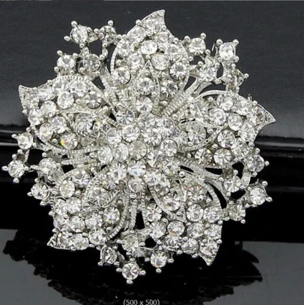 Vintage-Rhodium Silber plattiert klaren Strasssteinkristallblume Hochzeitseinladung Pin Brosche LL