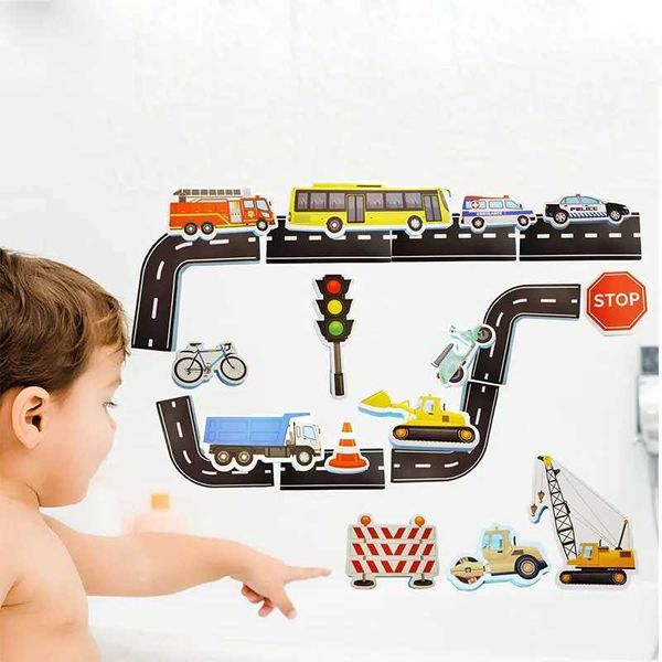 Bath Toys Banheiro Toys Brinquedos de estrada flexíveis Cars treina Baby Toys Childrens Banheiro EVA Soft Starters Early Education Diy Adesivos Puzzle Toys D240522