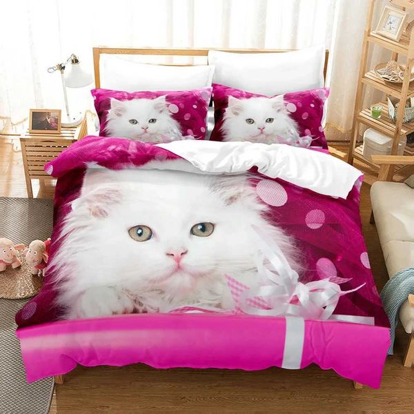 Bettwäsche Sets 3D niedliche Katzenabdruck Bettwäsche Set süß Down Duvet Cover Tierbettwäsche mit maßgeschneidertem Bettwäsche in voller Größe Dekorationq240521