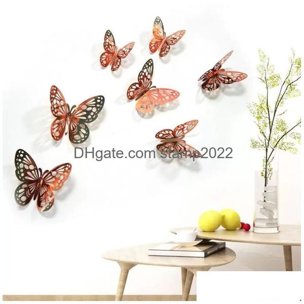 Украшение вечеринки 12шт/лот 3D Полая бабочка наклейка на стенах бабочки наклейки на дни DIY дома съемная роспись свадебная детская комната окно Dec Dhwf5