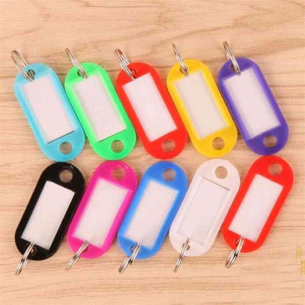 Großhandel 100pcs Mix Farbe Kunststoff Keychain Schlüssel Tags ID -Label -Name -Tags mit geteiltem Ring für Gepäckschlüsselketten Schlüsselringe 210409 271i