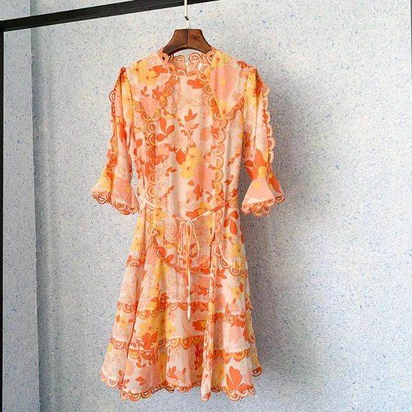 Abiti casual designer marca di marca Fashion short vestito vacanza dolce cintura arancione donna stampato arancione abbigliamento estate 2024