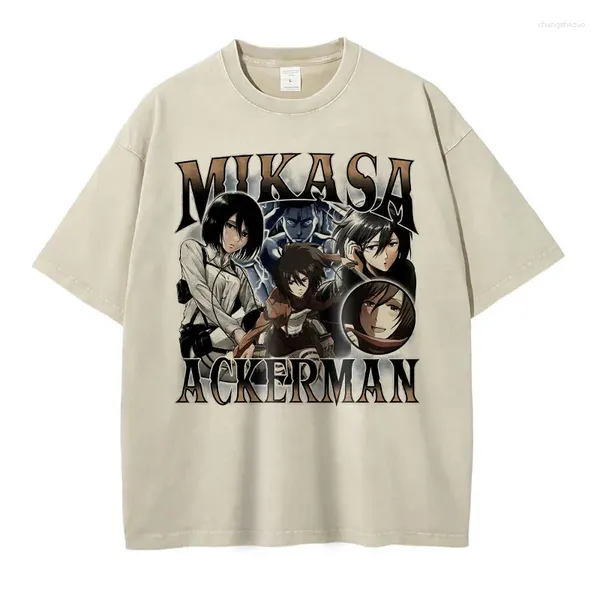 Herren T-Shirts Mikasa Ackerman Shirt Vintage gewaschene Anime T-Shirts Eren Jaeger Streetwear Mode Y2K Manga Retro Tops Tees Man Cotton