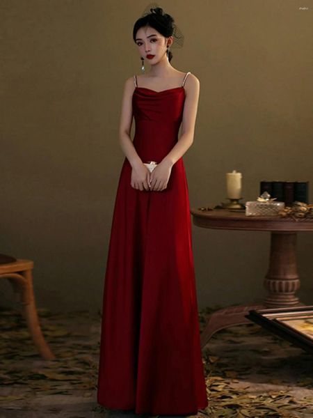 Vestidos de festa vestidos de noivado vermelho de vinho vestido de espaguete francês Vestido de noite Mulheres elegantes torradas sem costas longas