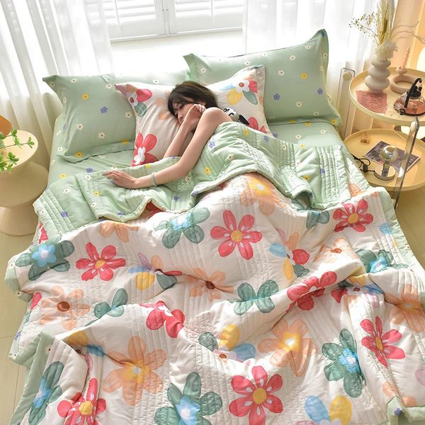 Summer Patchwork Quilt Flower Print Quilted Campead para camas Tamanho SingleQueenking ComforterDuvet 240514