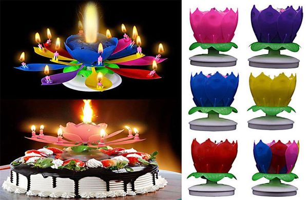 Музыкальный день рождения свеча на день рождения торт топпер украшения лотос цветочные свечи цветущие цветы вращающиеся спиновые свечи7078813