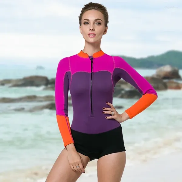 Damenbadebekleidung Schwimmanzug einteilige Langarm Shorty Hosen 2mm Neopren rosa schwarzes Lila Nasstauchen